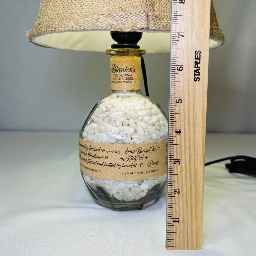 Blantons Bourbon Bottle Lamp Custom White Stone Fill Burlap Shade Rustic Decor